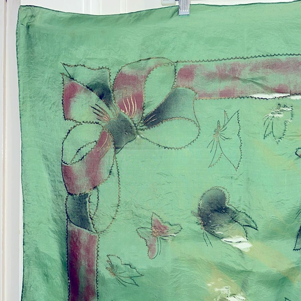 Vtg Brico 5 1/2 Momme green silk artsilk scarf painted with butterflies- AS IS - Picture 2 of 11
